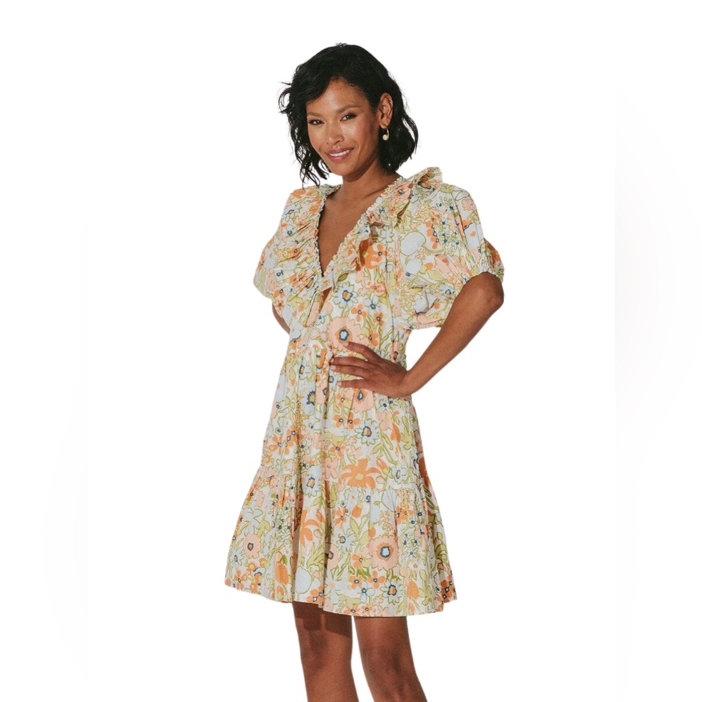 Cleobella Farrah Floral Ruffle Pleated Neckline Babydoll Mini Dress Cotton Sz XS